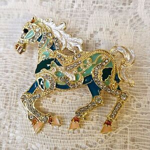 Gold Tone Blue Enamel Horse Brooch Pin w/ Clear Crystal Rhinestones